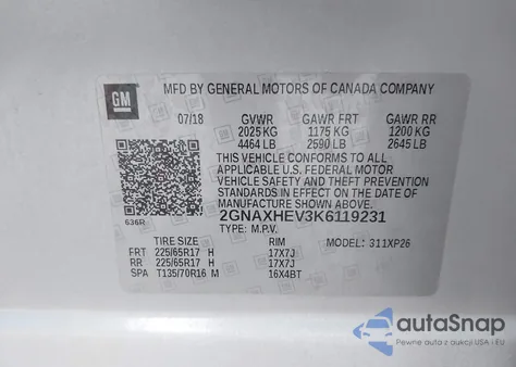 2019 Chevrolet Equinox Ls z USA, uszkodzony, nr VIN 2GNAXHEV3K6119231